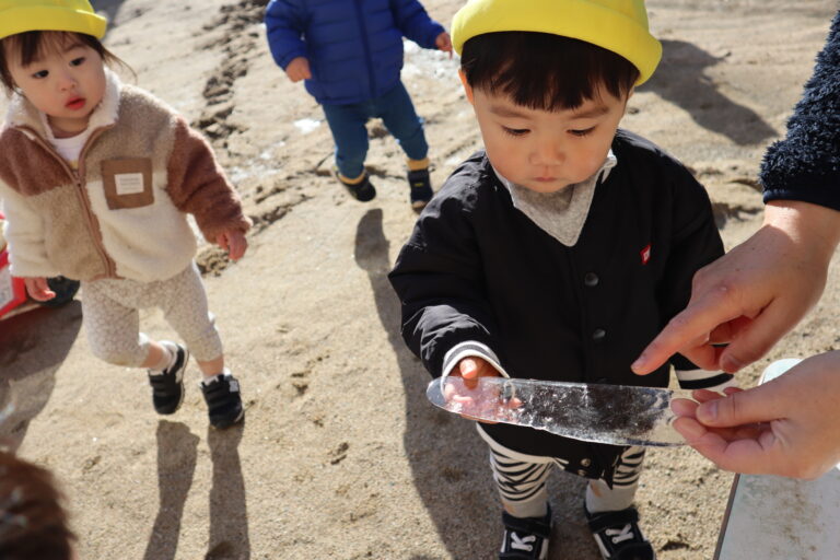 園庭で氷を発見！（0歳児）